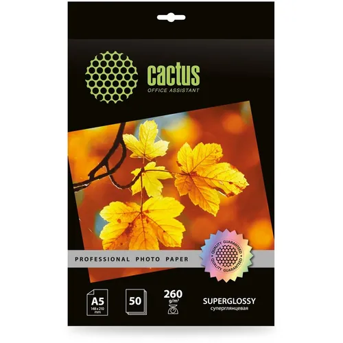 Фотобумага Cactus Prof, A5, для струйной печати, 50л, 260г/м2, белый, покрытие глянцевое [cs-hga526050]