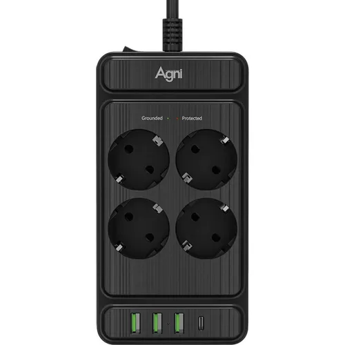 Сетевой фильтр AGNI TP-FS4U4E-PD, 2м, черный [tp-fs4u4e-pd-2m-black]