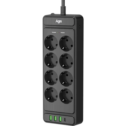 Сетевой фильтр AGNI TP-FS4U8E-PD, 3м, черный [tp-fs4u8e-pd-3m-black]
