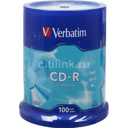 Оптический диск CD-R Verbatim 700МБ 52x, 100шт., cake box [43411]