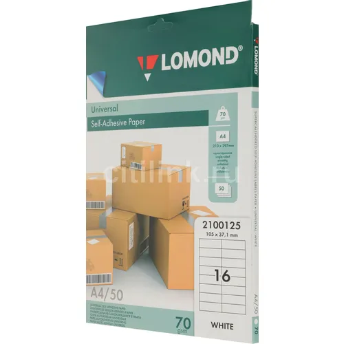 Этикетки Lomond A4, универсальная (с покрытием), 50л, 70г/м2, белый, 105мм х 37мм, 16шт [2100125]