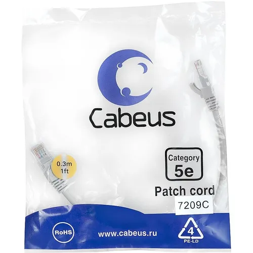 Патч-корд CABEUS вилка RJ-45, вилка RJ-45, кат.5E, ПВХ, 0.3м, серый [pc-utp-rj45-cat.5e-0.3m]