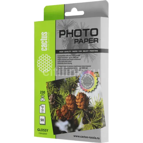 Фотобумага Cactus CS-GA623050, A6, для струйной печати, 50л, 230г/м2, белый, покрытие глянцевое