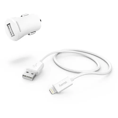 Автомобильное зарядное устройство HAMA H-183266, USB-A, 8-pin Lightning, 12Вт, 2.4A, белый [00183266]
