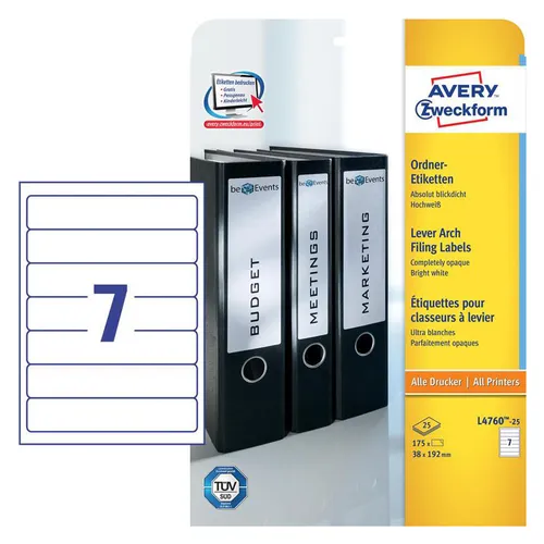 Этикетки Avery Zweckform L4760-25, A4, универсальная, 25л, 80г/м2, белый, 192мм х 38мм, 7шт