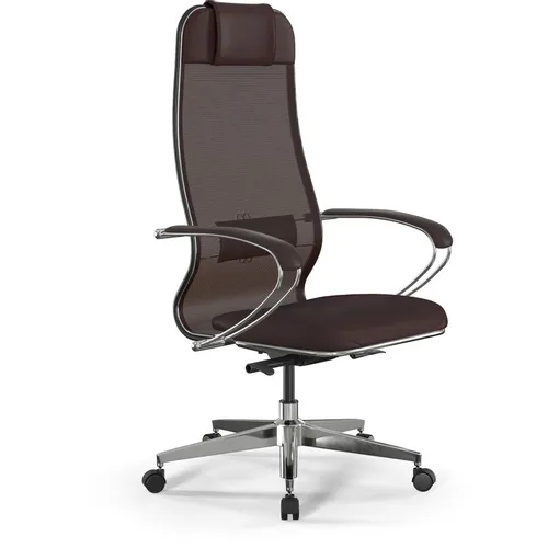 Кресло МЕТТА ErgoLife Comfort, сетка/экокожа, до 150кг, синхромеханизм, фиксированные подлокотники, темно-коричневый/черный
