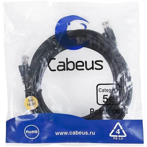 Патч-корд CABEUS вилка RJ-45, вилка RJ-45, кат.5E, ПВХ, 5м, черный [pc-utp-rj45-cat.5e-5m-bk]