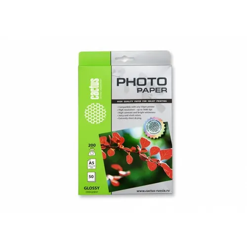 Фотобумага Cactus CS-GA520050, A5, для струйной печати, 50л, 200г/м2, белый, покрытие глянцевое