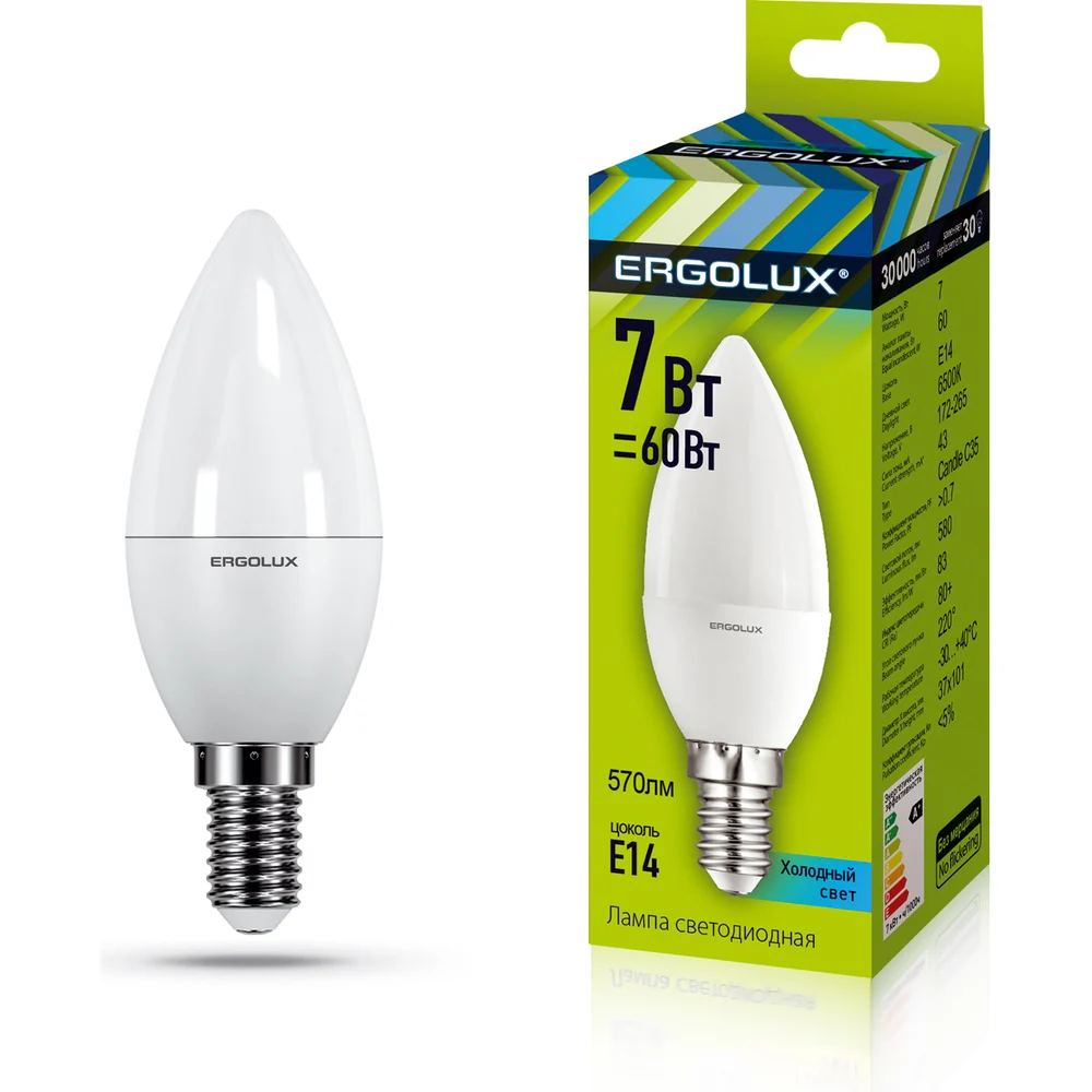 Электрическая светодиодная лампа Ergolux LED-C35-7W-E14-6K Свеча 12874