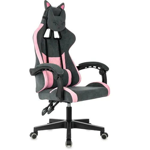 Кресло игровое KNIGHT Kitty, ткань, до 120кг, механизм наклона спинки, шарнирные подлокотники, серый/розовый
