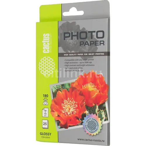 Фотобумага Cactus CS-GA618025, A6, для струйной печати, 25л, 180г/м2, белый, покрытие глянцевое