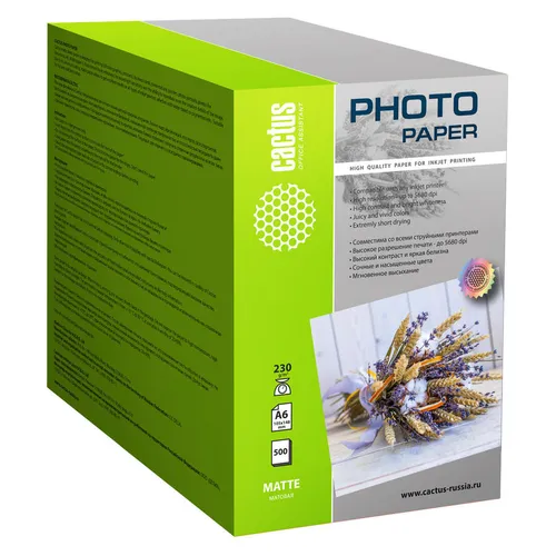 Фотобумага Cactus CS-MA6230500, A6, для струйной печати, 500л, 230г/м2, белый, покрытие матовое