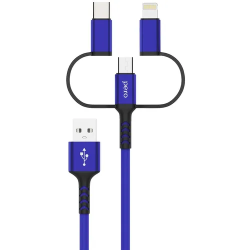 Кабель PERO DC-06, Lightning (m)/USB Type-C (m)/micro USB (m) - USB (m), 1м, 3A, синий [prdc-06u1mbl]