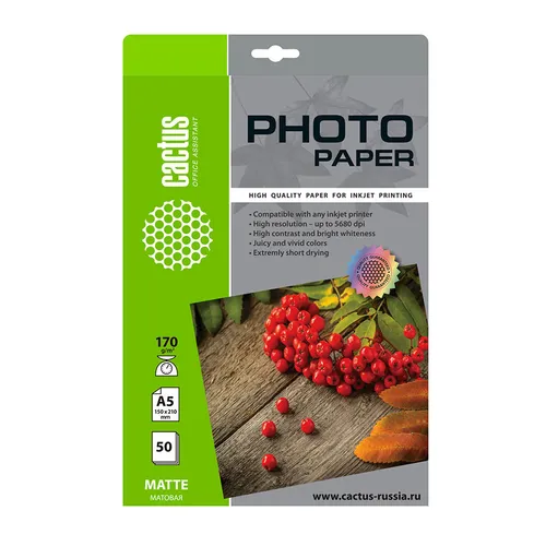 Фотобумага Cactus CS-MA517050, A5, для струйной печати, 50л, 170г/м2, белый, покрытие матовое