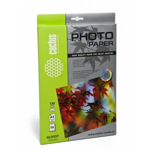 Фотобумага Cactus CS-GA413050, A4, для струйной печати, 50л, 130г/м2, белый, покрытие глянцевое
