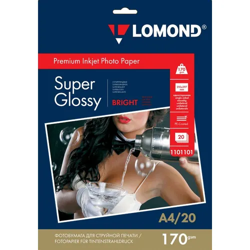 Фотобумага Lomond A4, для струйной печати, 20л, 170г/м2, белый, покрытие высокоглянцевое [1101101]