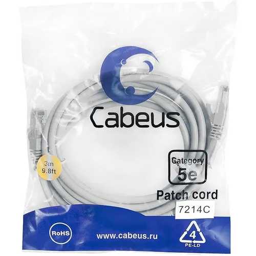 Патч-корд CABEUS вилка RJ-45, вилка RJ-45, кат.5E, ПВХ, 3м, серый [pc-utp-rj45-cat.5e-3m]