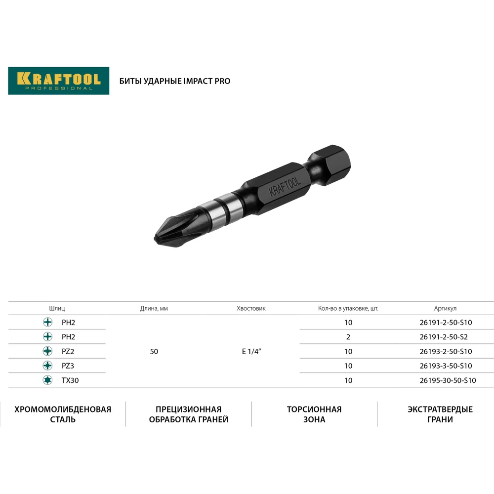 Биты KRAFTOOL Impact Pro 26193-3-50-S10