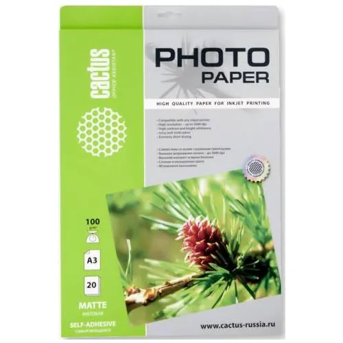 Фотобумага Cactus CS-MSA310020, A3, для струйной печати, 20л, 100г/м2, белый, покрытие матовое