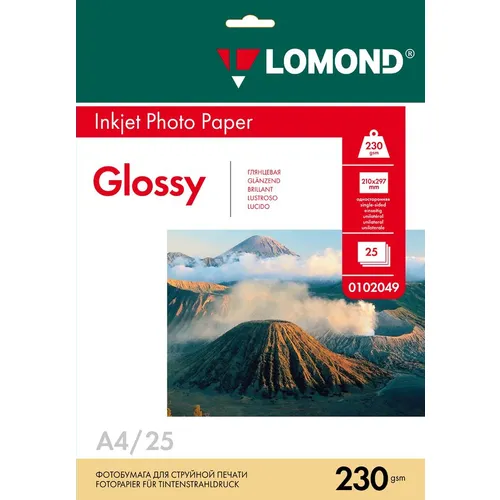 Фотобумага Lomond A4, для струйной печати, 25л, 230г/м2, белый, покрытие глянцевое [0102049]