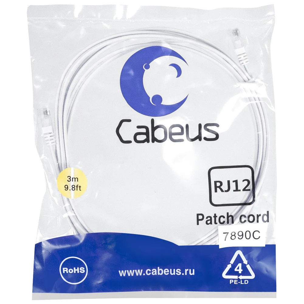 Телефонный патч-корд Cabeus PC-TEL-RJ12-3m
