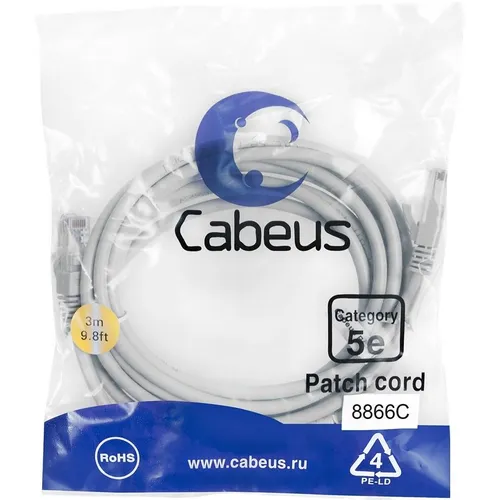 Патч-корд CABEUS вилка RJ-45, вилка RJ-45, кат.5E, LSZH, 3м, серый [pc-utp-rj45-cat.5e-3m-lszh]