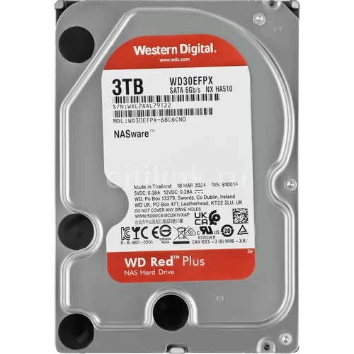 Жесткий диск WD Red Plus WD30EFPX, 3ТБ, HDD, SATA III, 3.5"