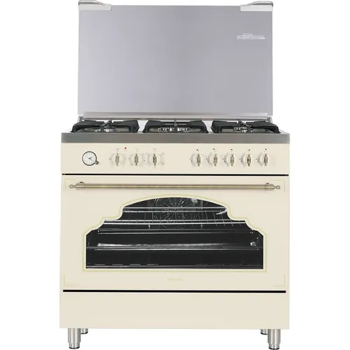 Газовая плита HIBERG FEG950-35SY, электрическая духовка, стеклянная крышка, чугун, бежевый