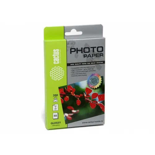 Фотобумага Cactus CS-GA620050, A6, для струйной печати, 50л, 200г/м2, белый, покрытие глянцевое