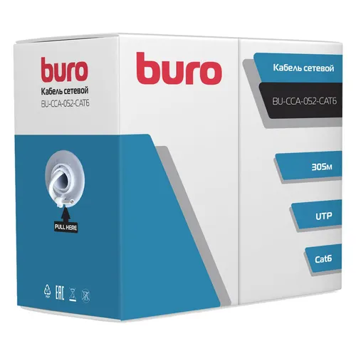 Кабель сетевой Buro BU-CCA-052-CAT6 UTP, кат.6, 305м, 4 пары, 0.52мм, алюминий омедненный, одножильный, серый