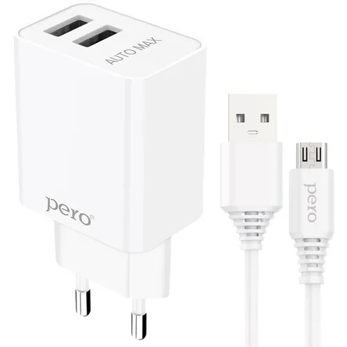Сетевое зарядное устройство PERO ТС02, 2xUSB-A, microUSB, 10.5Вт, 2.1A, белый [тс02w2am]