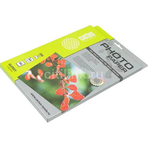 Фотобумага Cactus CS-GA420050, A4, для струйной печати, 50л, 200г/м2, белый, покрытие глянцевое