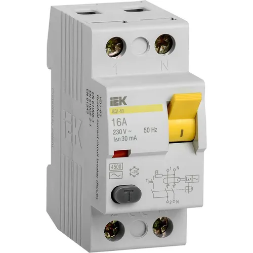 Выключатель дифф. тока (УЗО) IEK ВД1-63 (MDV10-2-016-030) 16A 2П 230В 2 модуля белый (упак.:1шт)