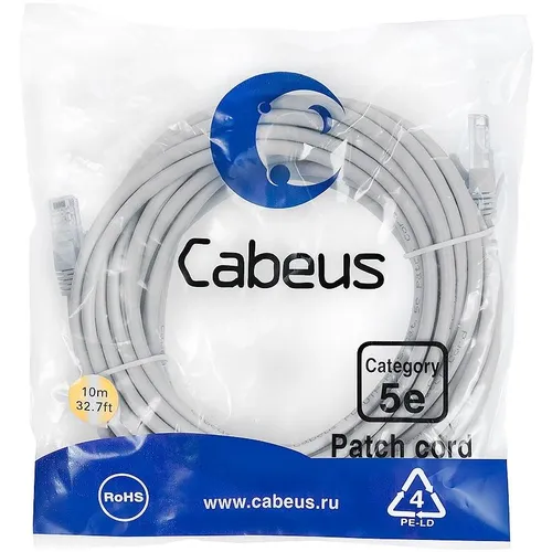 Патч-корд CABEUS вилка RJ-45, вилка RJ-45, кат.5E, ПВХ, 10м, серый [pc-utp-rj45-cat.5e-10m]