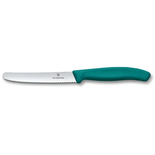 Нож кухонный Victorinox Swiss Classic, столовый, для томатов, 110мм, заточка серрейтор, стальной, зеленый [6.7834.c1]
