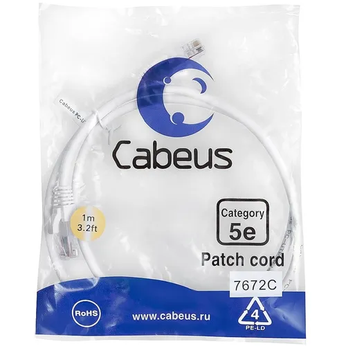 Патч-корд CABEUS вилка RJ-45, вилка RJ-45, кат.5E, LSZH, 1м, белый [pc-utp-rj45-cat.5e-1m-wh-lszh]