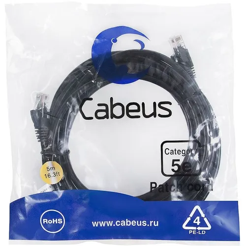 Патч-корд CABEUS вилка RJ-45, вилка RJ-45, кат.5E, LSZH, 5м, черный [pc-utp-rj45-cat.5e-5m-bk-lszh]
