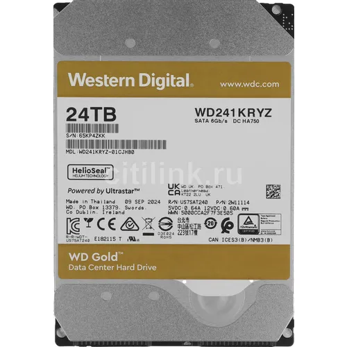 Жесткий диск WD Gold WD241KRYZ, 24ТБ, HDD, SATA III, 3.5"