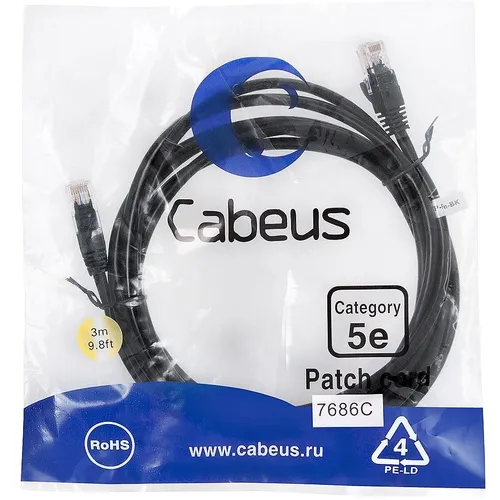 Патч-корд CABEUS вилка RJ-45, вилка RJ-45, кат.5E, ПВХ, 3м, черный [pc-utp-rj45-cat.5e-3m-bk]