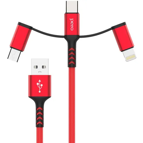 Кабель PERO DC-06, Lightning (m)/USB Type-C (m)/micro USB (m) - USB (m), 2м, 2.4A, красный [prdc-06u2mr]
