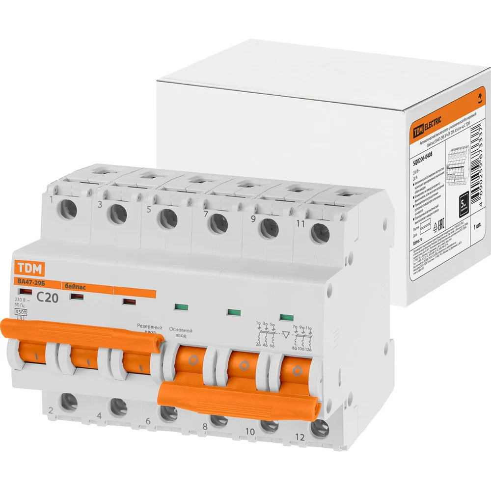 Байпас TDM ВА47-29Б 3Р+3Р 20А 4,5кА х-ка C SQ0206-0408