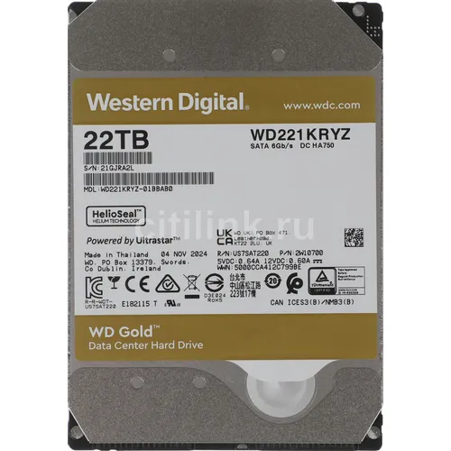 Жесткий диск WD Gold WD221KRYZ, 22ТБ, HDD, SATA III, 3.5"