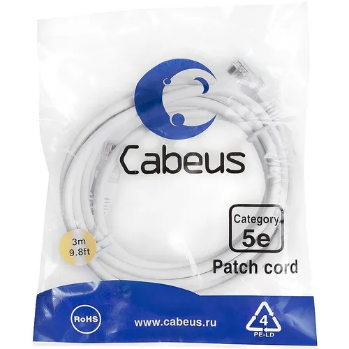 Патч-корд CABEUS вилка RJ-45, вилка RJ-45, кат.5E, ПВХ, 3м, белый [pc-utp-rj45-cat.5e-3m-wh]