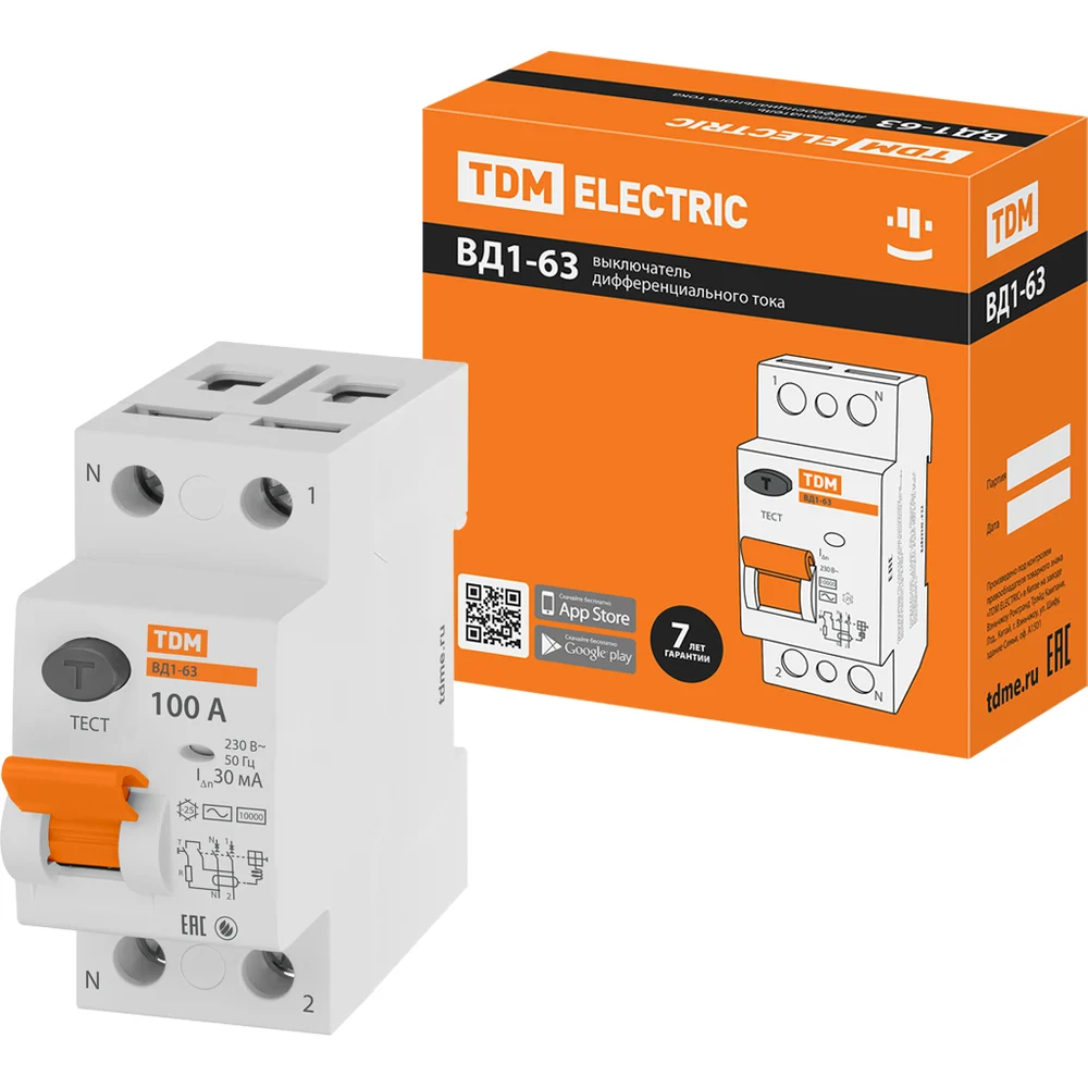 Узо TDM ELECTRIC ВД1-63 2п, 100 А, 30 мА SQ0203-0025