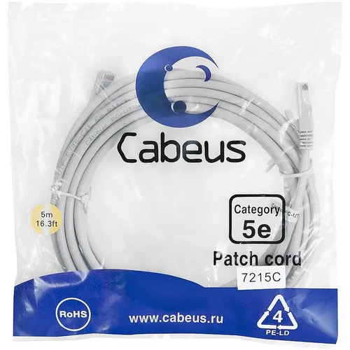 Патч-корд CABEUS вилка RJ-45, вилка RJ-45, кат.5E, ПВХ, 5м, серый [pc-utp-rj45-cat.5e-5m]