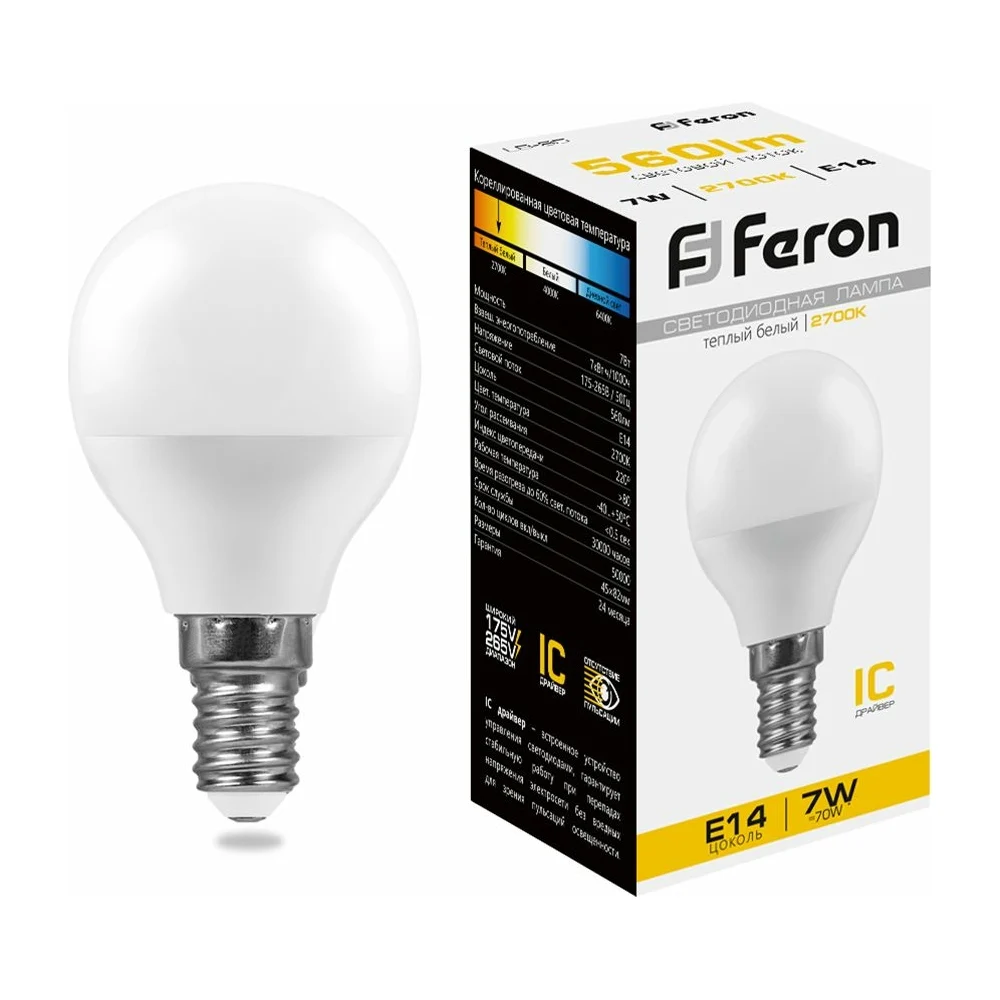 Светодиодная лампа FERON LB-95 Шарик E14 7W 2700K 25478