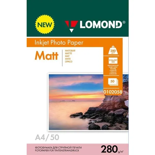 Фотобумага Lomond A4, для струйной печати, 50л, 280г/м2, белый, покрытие матовое [0102058]