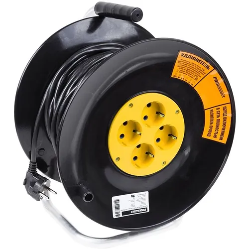 Удлинитель силовой PROCONNECT Standard, розеток 4шт, 3x1.0 кв.мм, 10A, 50м, ПВС, катушка, черный [11-7607]