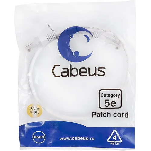 Патч-корд CABEUS PC-UTP-RJ45-Cat.5e-0.5m-WH-LSZH, вилка RJ-45, вилка RJ-45, кат.5E, LSZH, 0.5м, белый