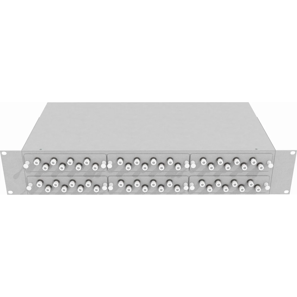 Укомплектованный многомодовый стоечный оптический кросс TopLan КРС-Top-2U-48FC/U-OM2-GY